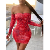 Lovely Trendy Bateau Neck Animal Print Red Mini Dr