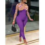 Lovely Chic Print Patchwork Skinny Purple One-piec