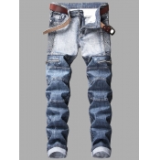 Lovely Casual Mid Waist Patchwork Blue Men Jeans