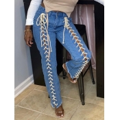 Lovely Street High-waisted Lace-up Hollow-out Blue