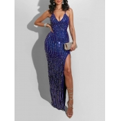 Lovely Party Sequined Side High Split Backless Blu