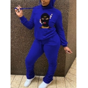 Lovely Casual Hooded Collar Print Deep Blue Two Pi
