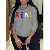 Lovely Casual O Neck Letter Print Grey Plus Size H