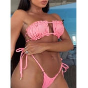 Lovely Sweet Lace-up Ruffle Design Pink Two-piece 