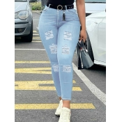 Lovely Street High-waisted Broken Holes Baby Blue 