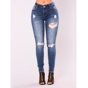 Lovely Trendy High-waisted Broken Holes Blue Jeans