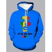 LW Men Casual Letter Print Patchwork Blue Hoodie