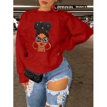 

LW BASICS Plus Size O Neck Print Wine Red Hoodie