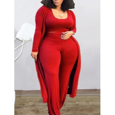 

LW BASICS Plus Size Casual U Neck Skinny Red Three-piece Pants Set