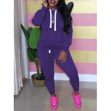 

LW BASICS Casual Hooded Collar Kangaroo Pocket Purple Two Piece Pants Set