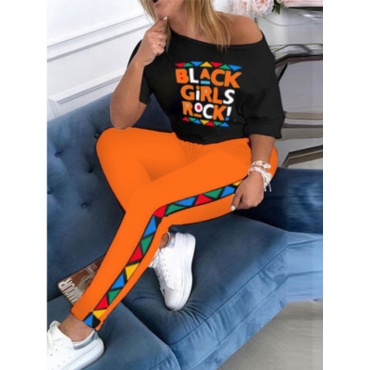 

LW Casual Letter Print Patchwork Orange Two Piece Pants Set
