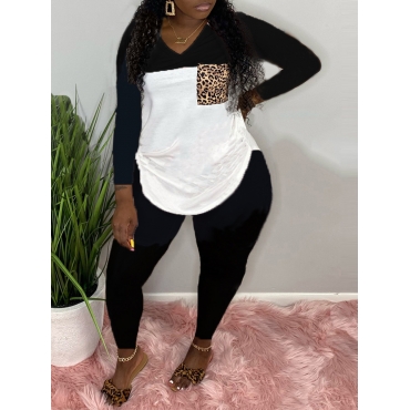 

LW Plus Size Casual V Neck Patchwork Black Two-piece Pants Set