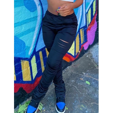 

LW Street Broken Holes Fold Design Black Pants