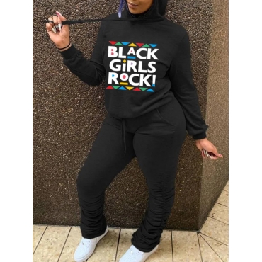 

LW Letter Print Drawstring Tracksuit Set, Black