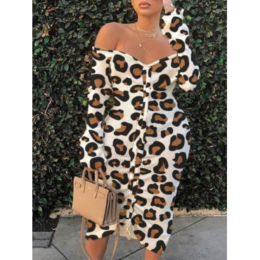 

LW Plus Size Casual Off The Shoulder Leopard Print Mid Calf Dress
