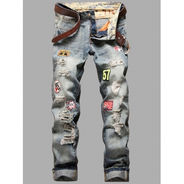 

LW Men Casual Denim Letter Decor Ripped Jeans (No Stretch), Blue