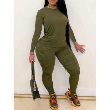 

Lovely Chic O Neck Fold Design Army Green Plus Size Two-piece Pants Set