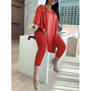 

LW Casual O Neck Side Split Red Two Piece Pants Set