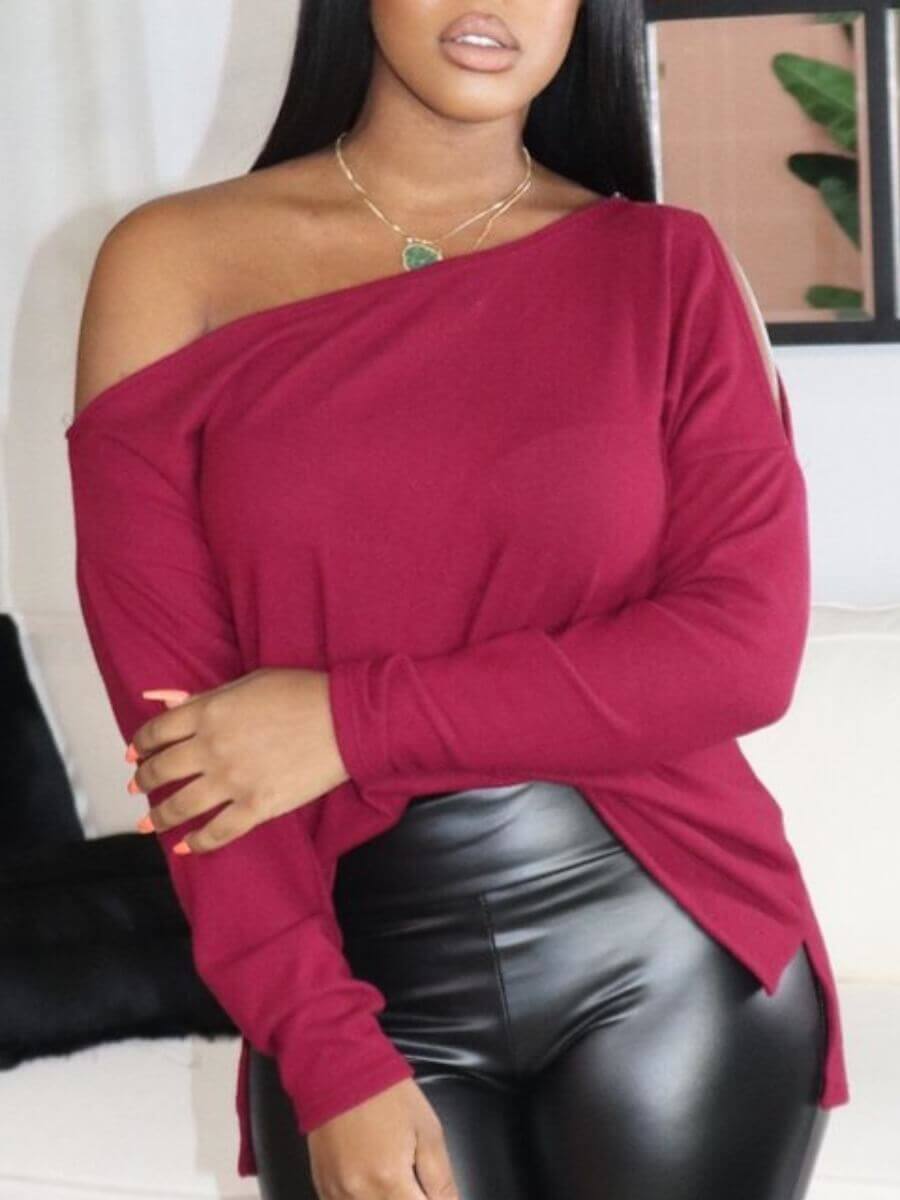 

LW Trendy Bateau Neck Hollow-out Red T-shirt