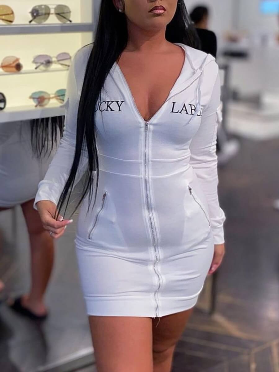 

Lovely Chic Letter Print Zipper Design White Mini Dress