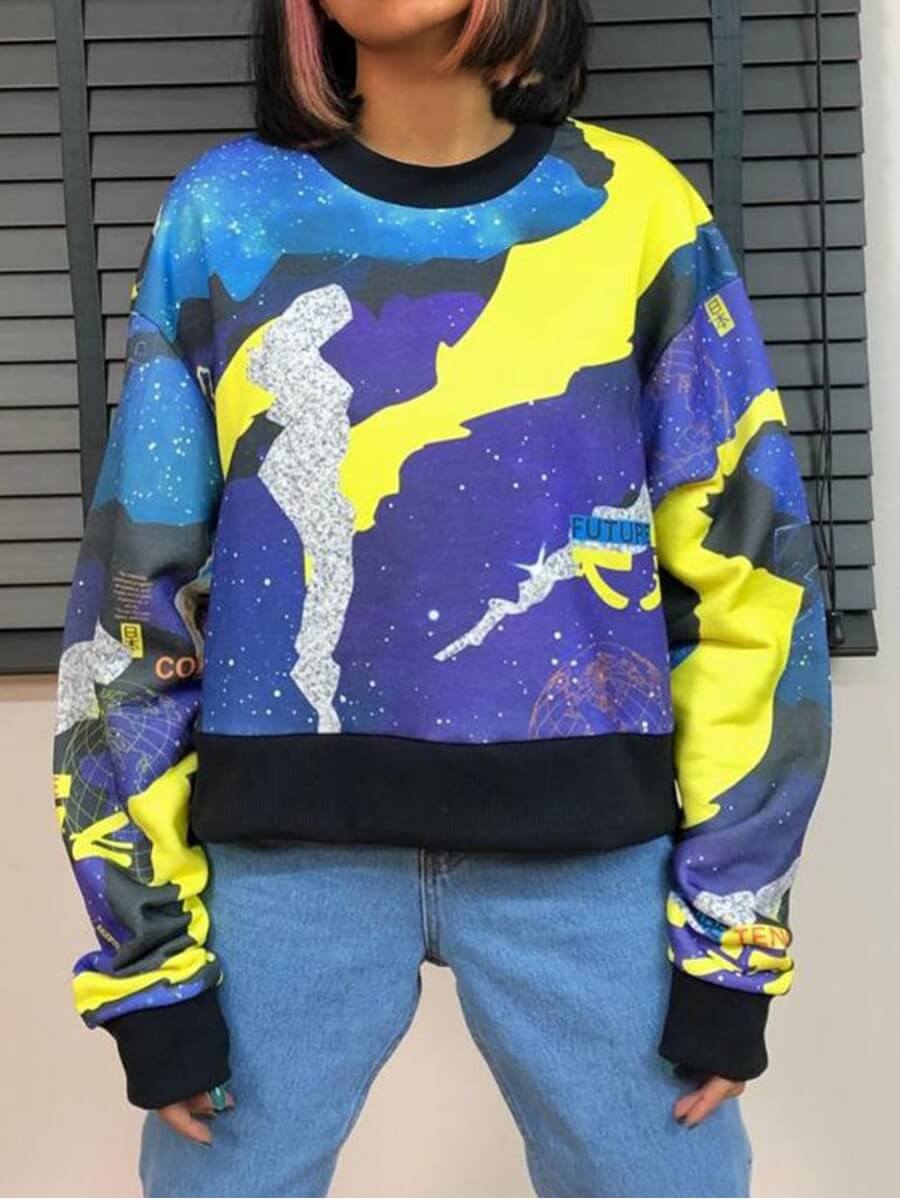 LW Casual Starry Sky Print Patchwork Blue Hoodie