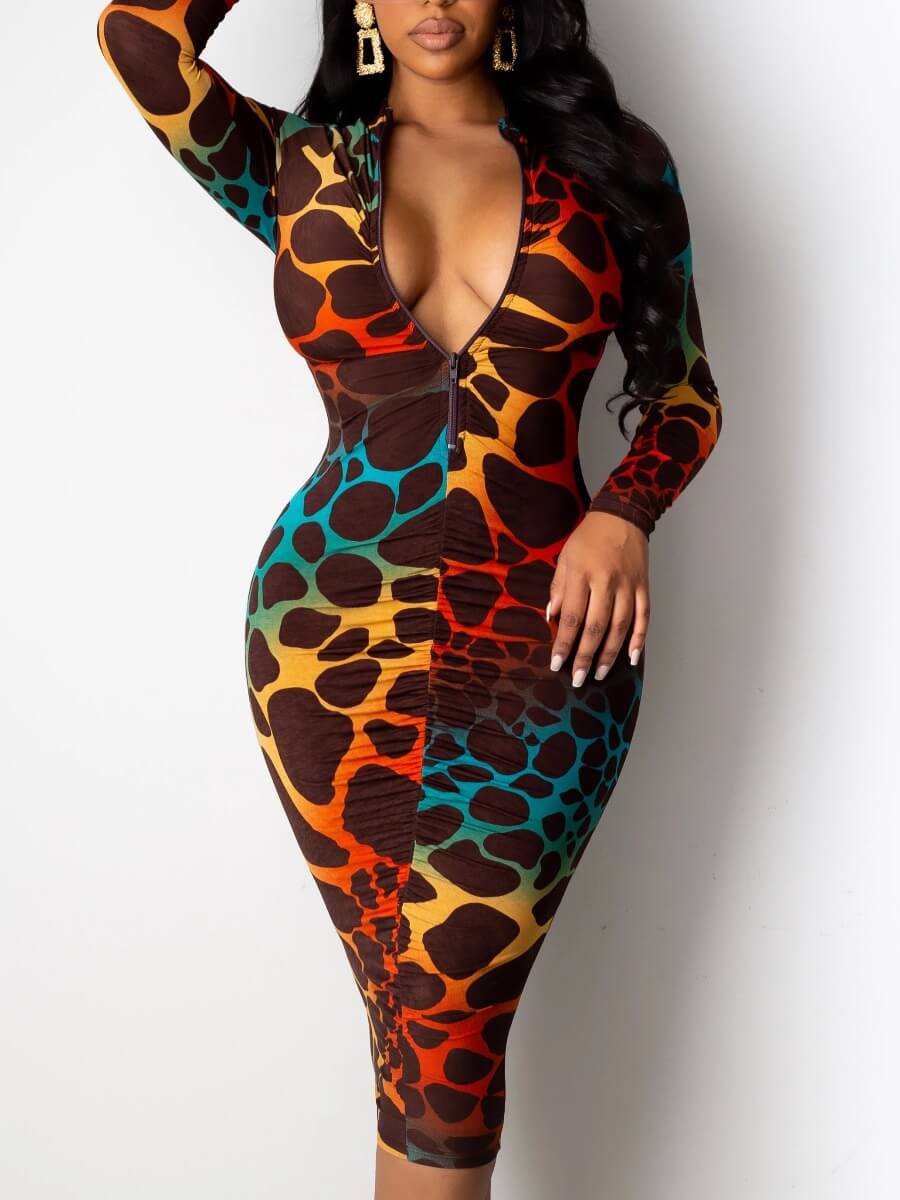 

Lovely Sweet Leopard Print Patchwork Red Mid Calf Dress