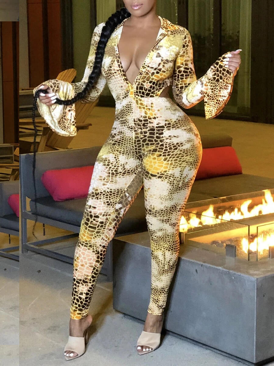 

Lovely Sexy Flared Cobra Print Hollow-out Yellow One-piece Jumpsuit