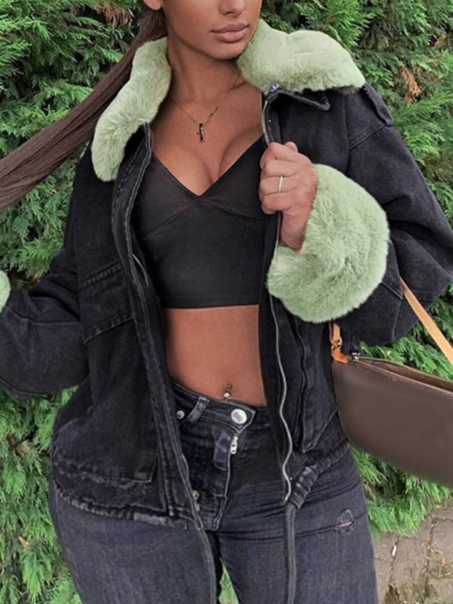 

Lovely Street Color-lump Patchwork Black Denim Jacket