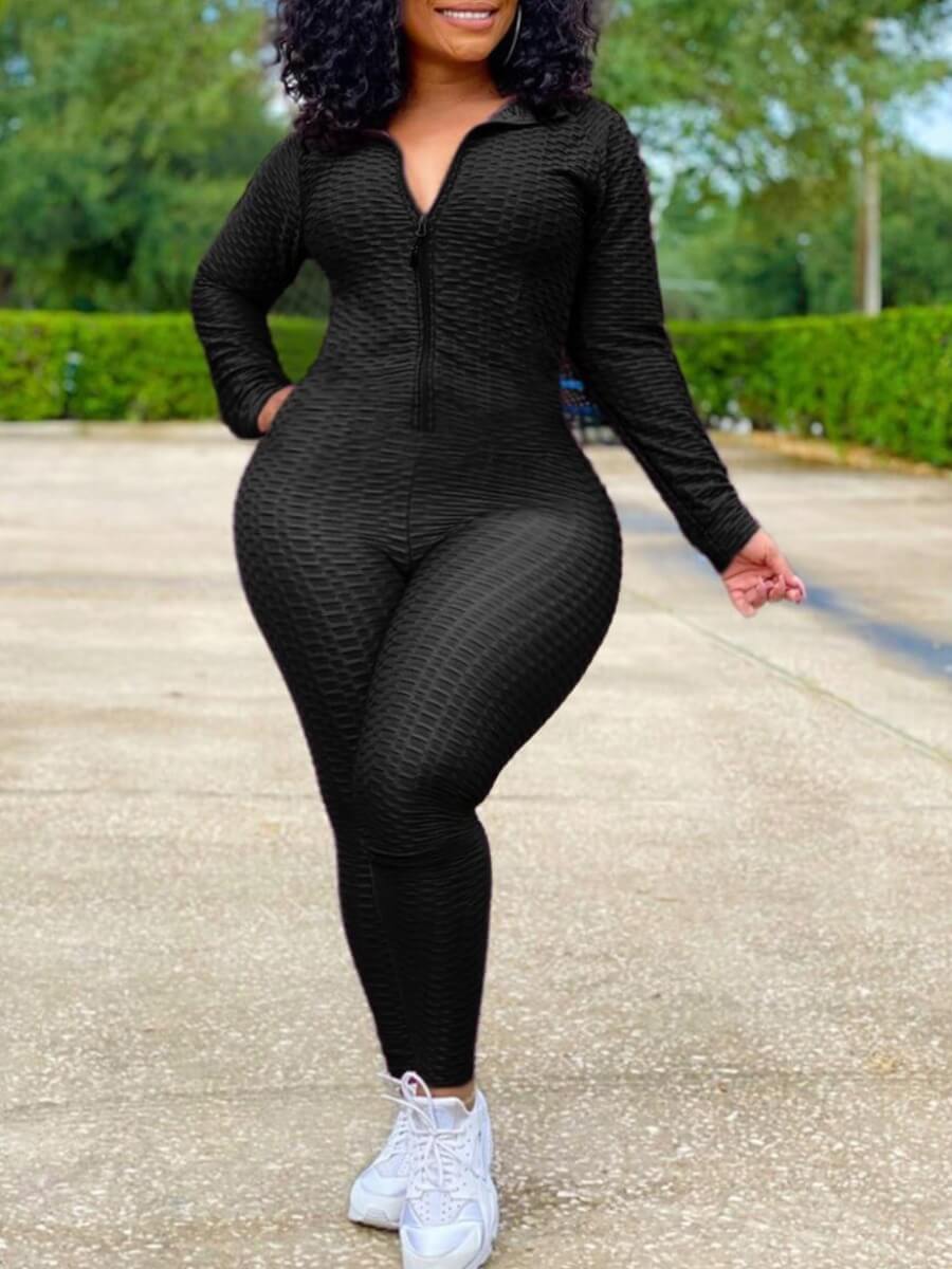 

Lovely Plus Size Sportswear Turndown Collar Zipper Design Black One-piece Jumpsuit