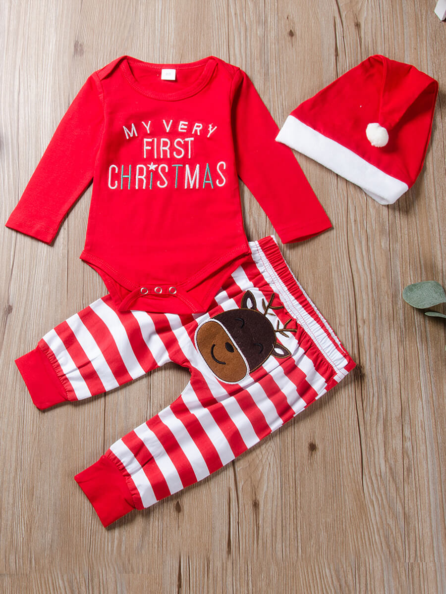 

Lovely Trendy Christmas Day Letter Print Red Boy Two Piece Pants Set