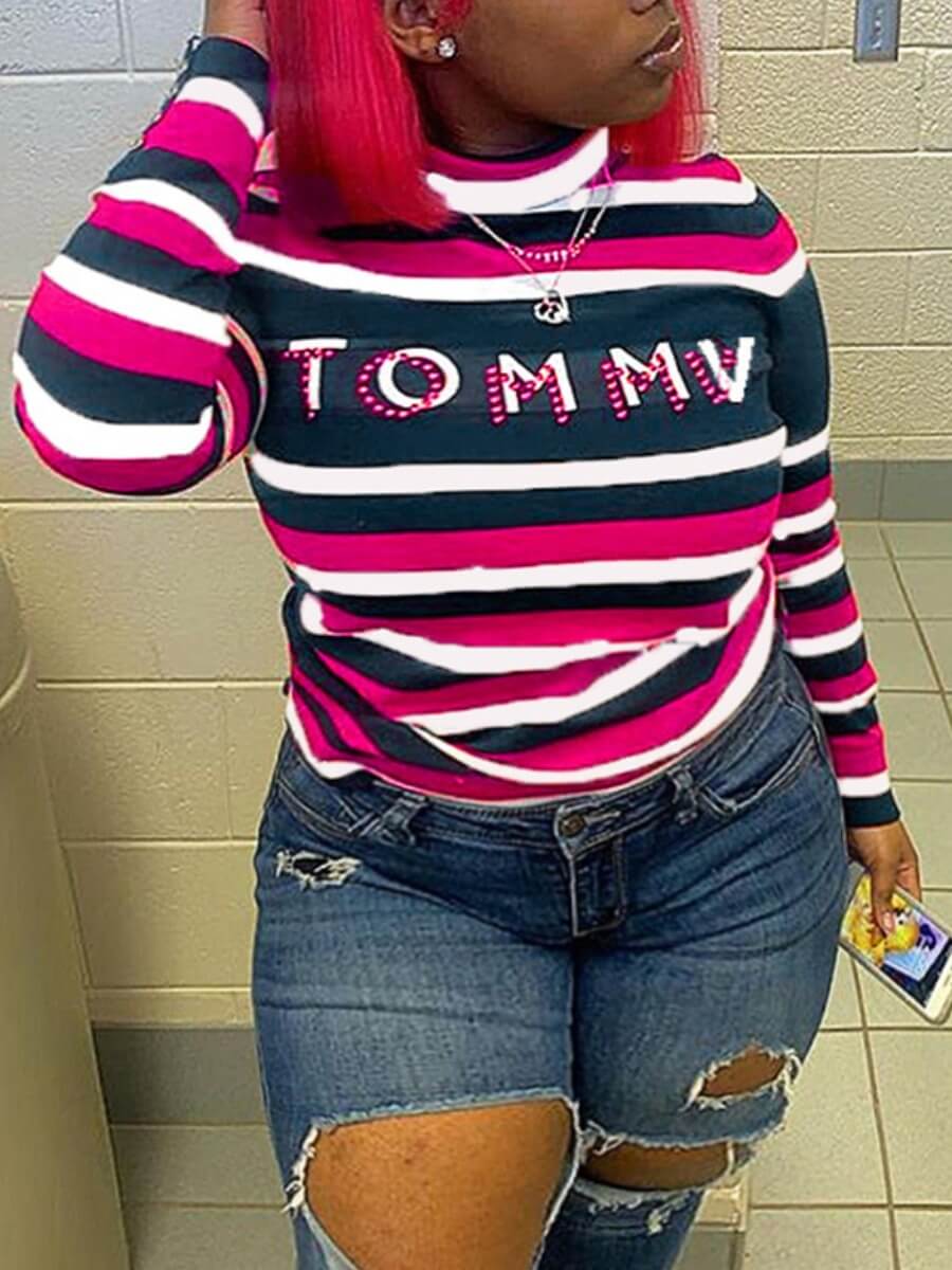 

Lovely Casual O Neck Striped Letter Print Rose Red Plus Size T-shirt