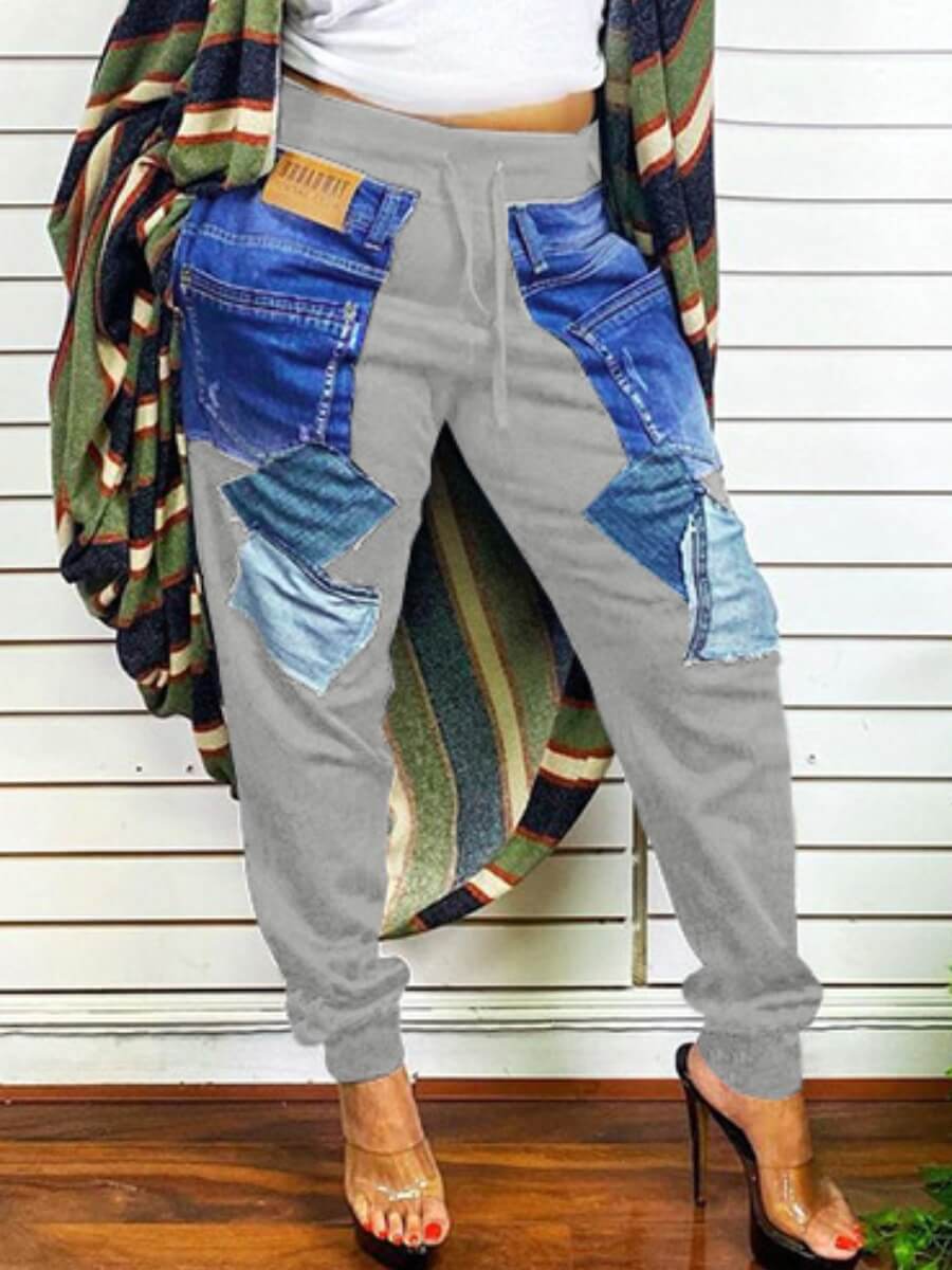 

Lovely Casual Elastic Waist Patchwork Grey Pants