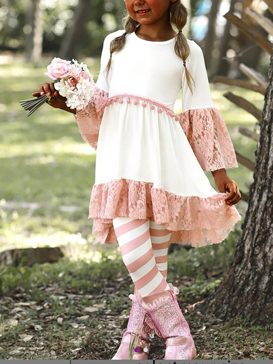 

Lovely Sweet Striped Mesh Patchwork Pink Girl Two Piece Pants Set