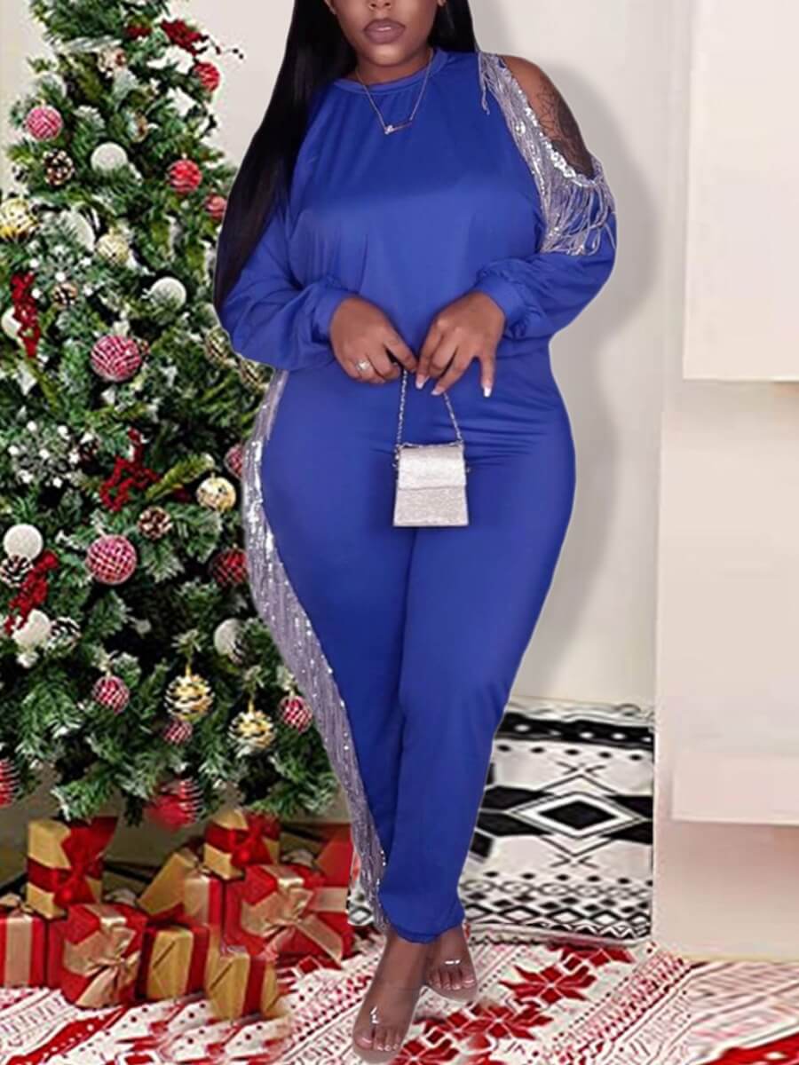 

Lovely Trendy Christmas Day Sequined Hollow-out Blue Plus Size Two-piece Pants Set