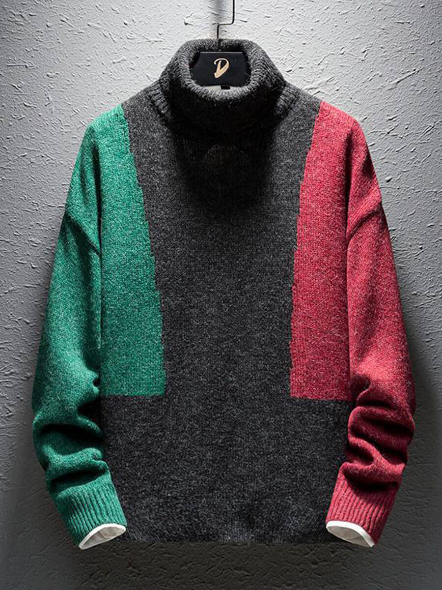 

Lovely Casual Turtleneck Color-lump Patchwork Black Men Sweater