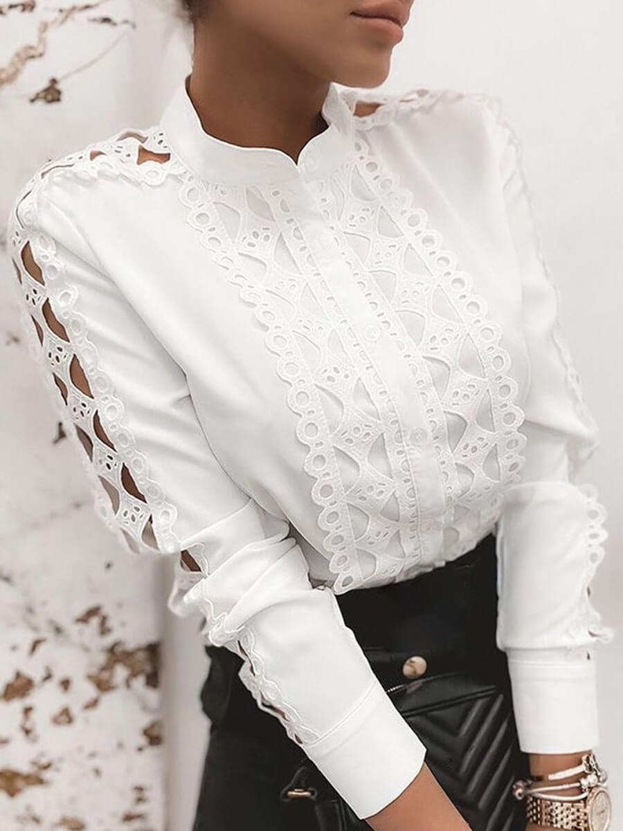 

Lovely Formal Mandarin Collar Hollow-out White Blouse