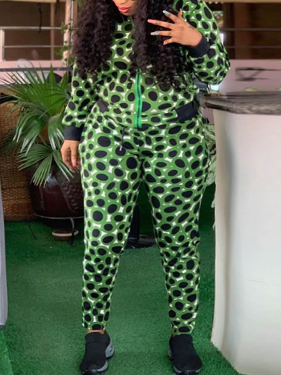 

Lovely Sportswear Dot Print Zipper Design Green Two Piece Pants Set