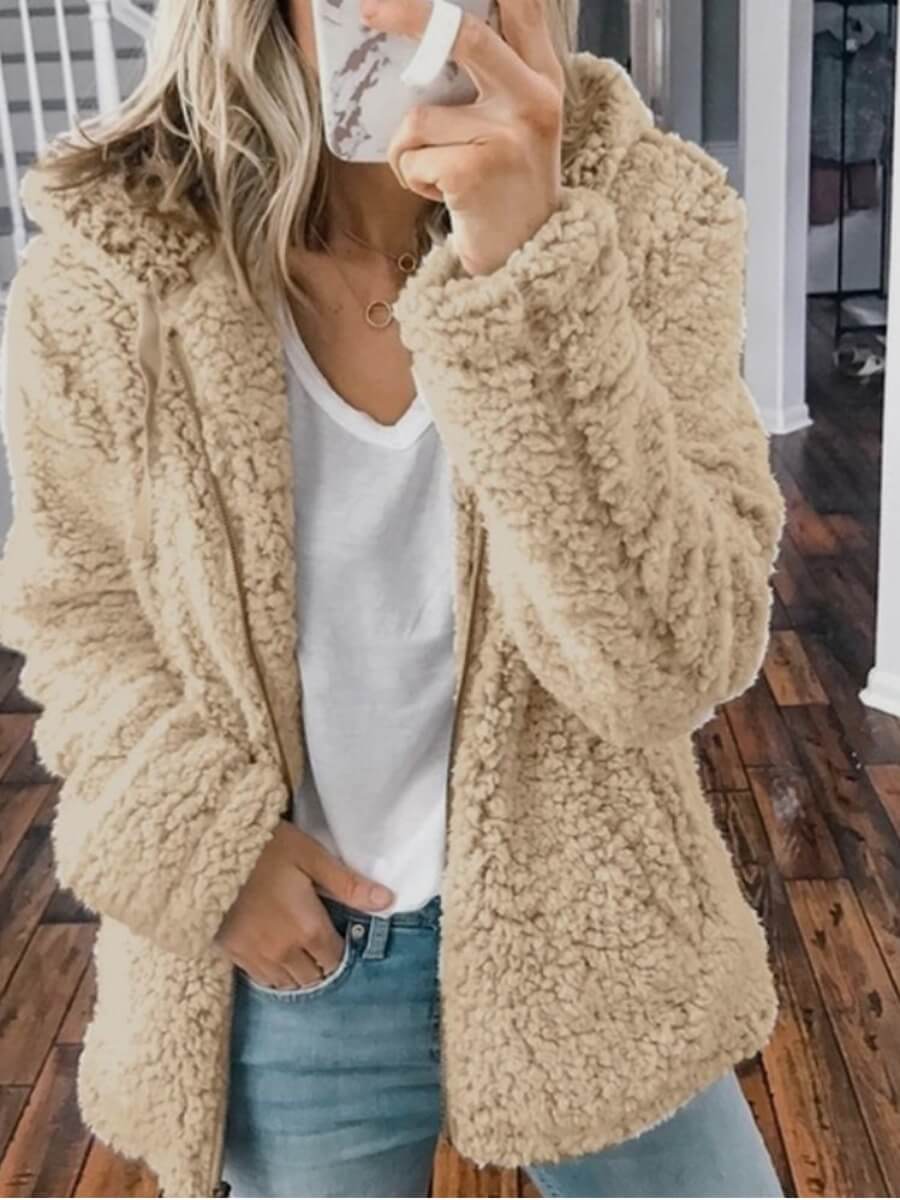 

Lovely Casual Hooded Collar Zipper Design Khaki Faux Fur