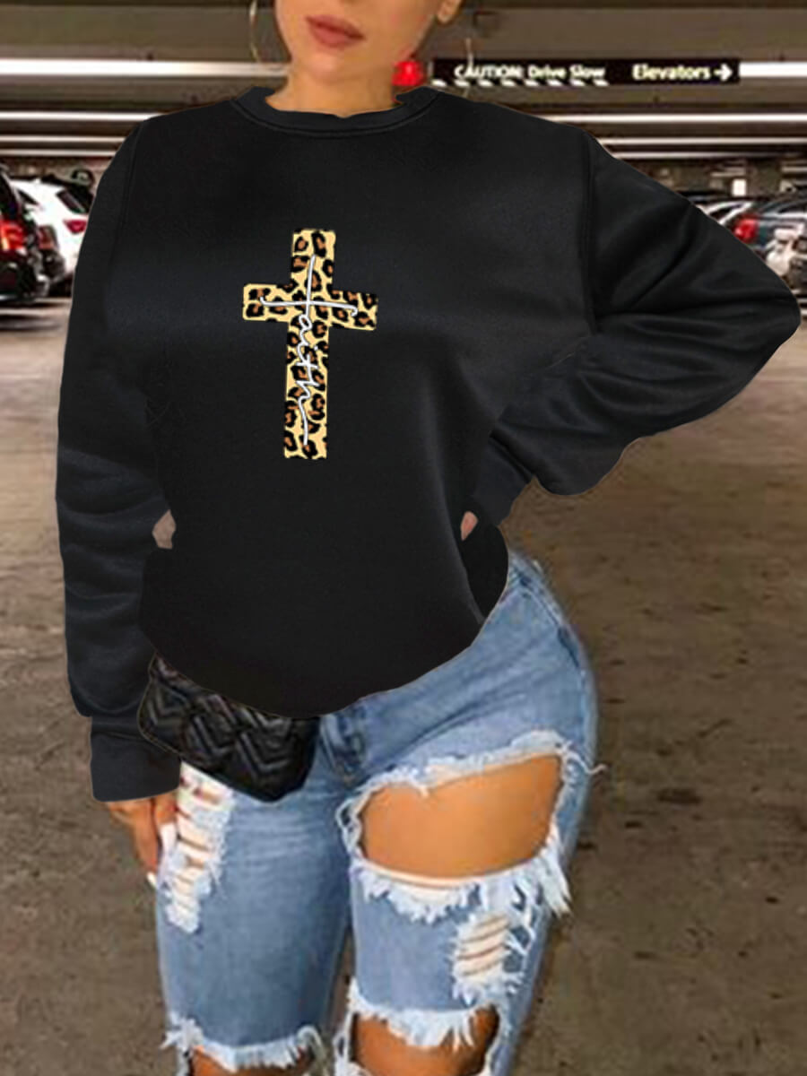 

Lovely Casual O Neck Cross Leopard Print Black Hoodie