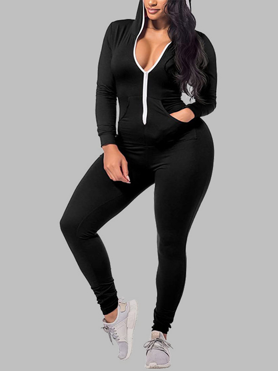 

Lovely Trendy Hooded Collar Pocket Design Black Plus Size One-piece Jumpsuit