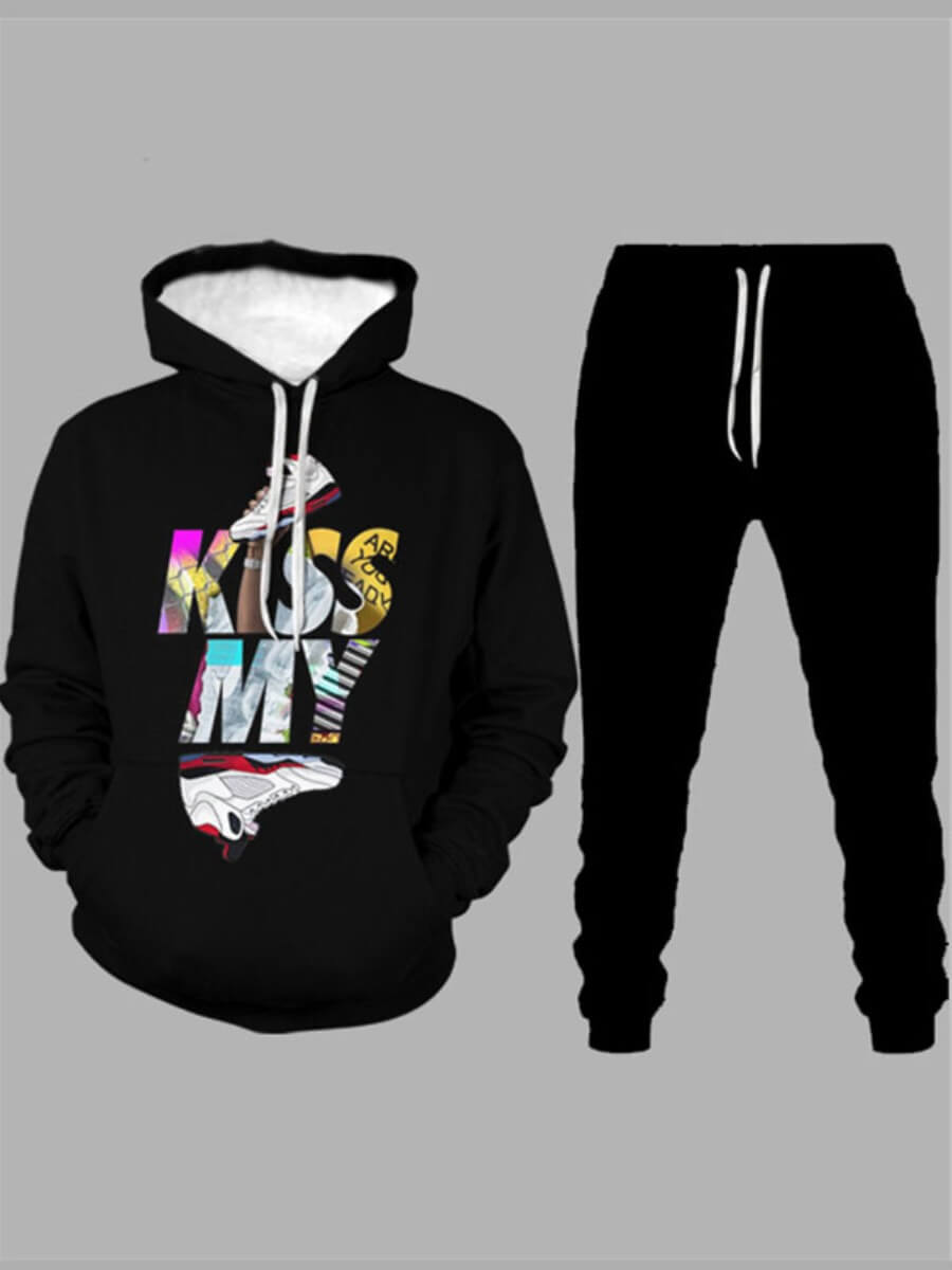 

Lovely Casual Hooded Collar Letter Print Black Men Two Piece Pants Set