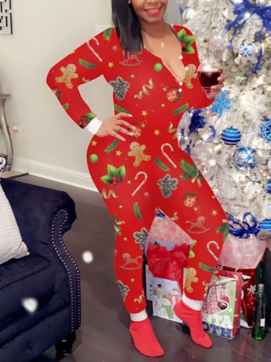 

Lovely Trendy Christmas Day Floral Print Red One-piece Jumpsuit