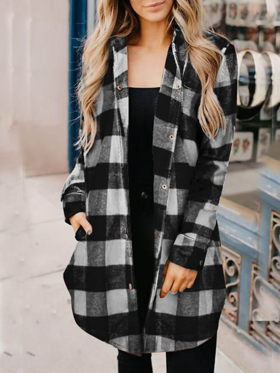 

Lovely Casual Plaid Print Patchwork White Coat