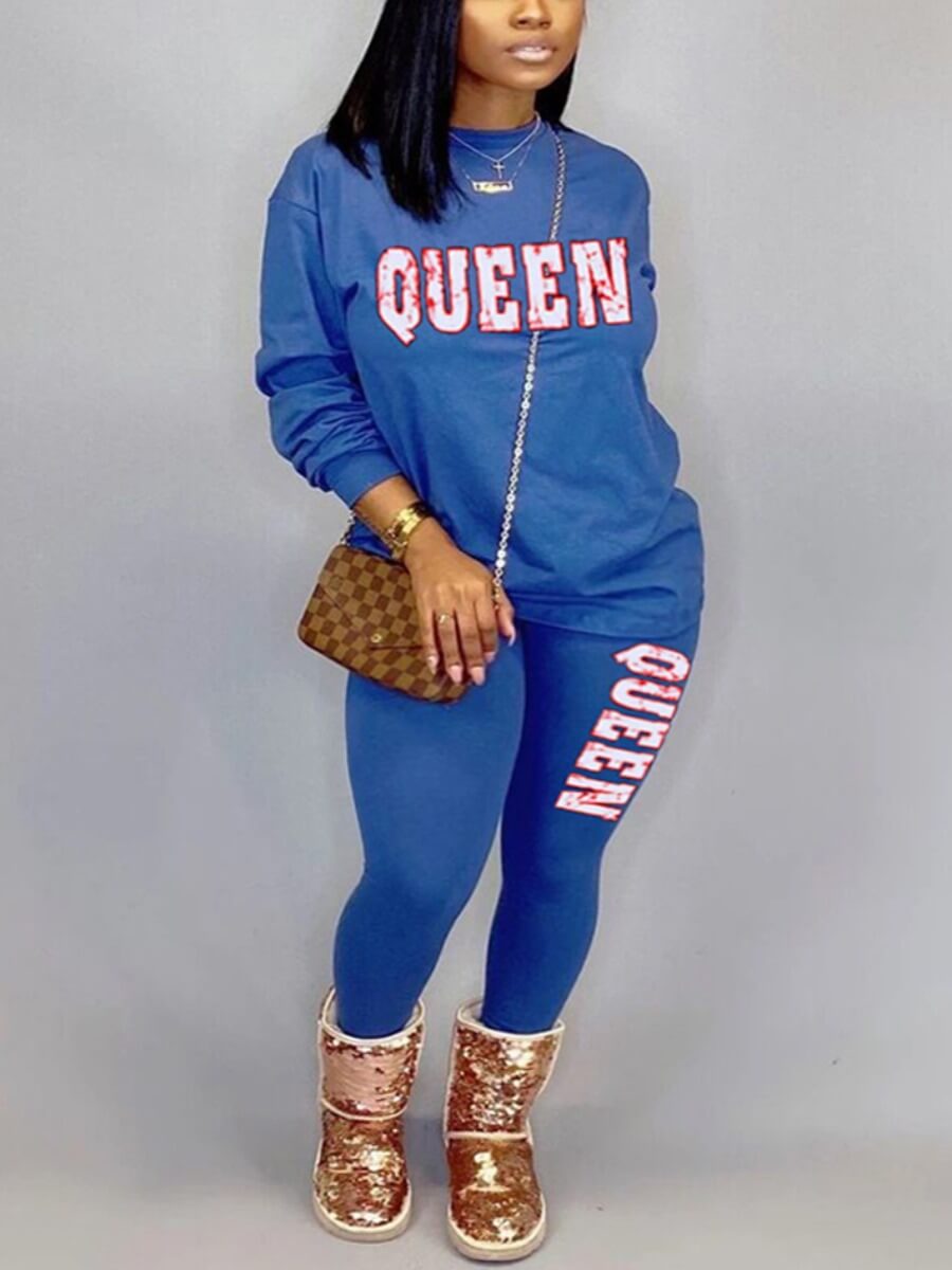 

Lovely Casual O Neck Letter Print Blue Plus Size Two-piece Pants Set