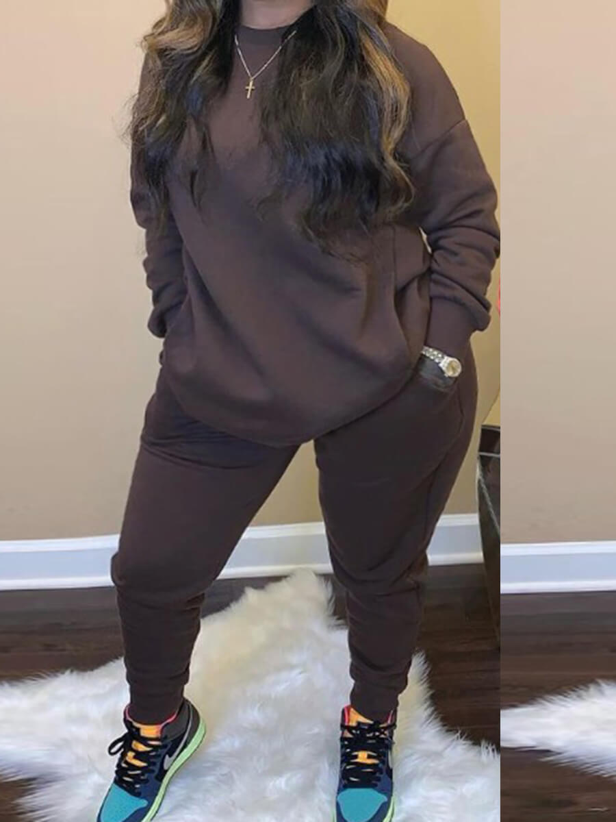 

Lovely Casual O Neck Loose Caramel Plus Size Two-piece Pants Set, Caramel color