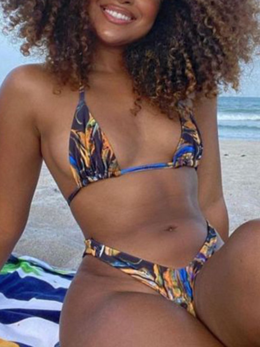 

Lovely Casual Print Lace-up Blue Two-piece Swimsuit