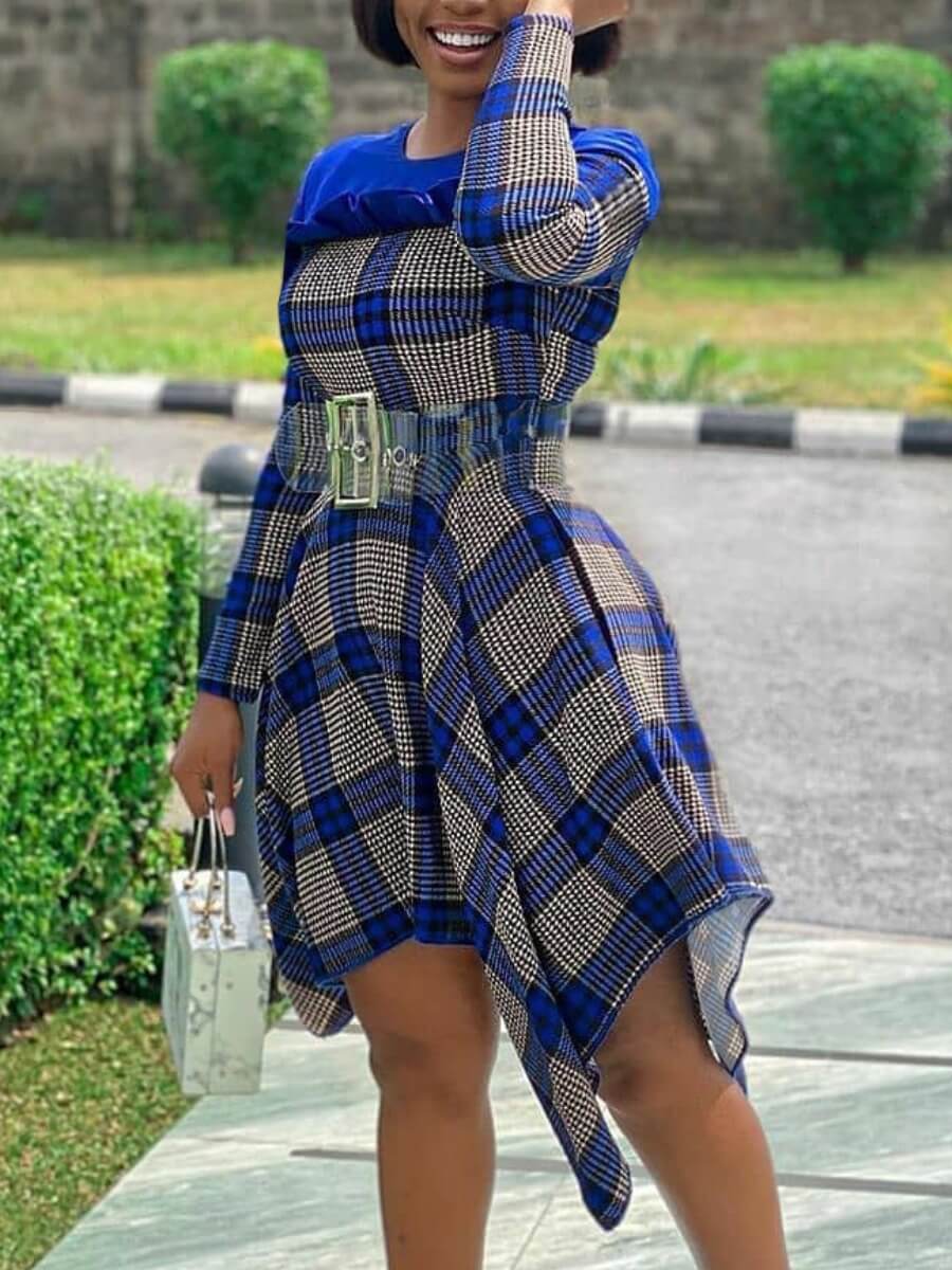 

Lovely Formal Plaid Print Patchwork Blue Knee Length Asymmetrical Dress(Without Belt