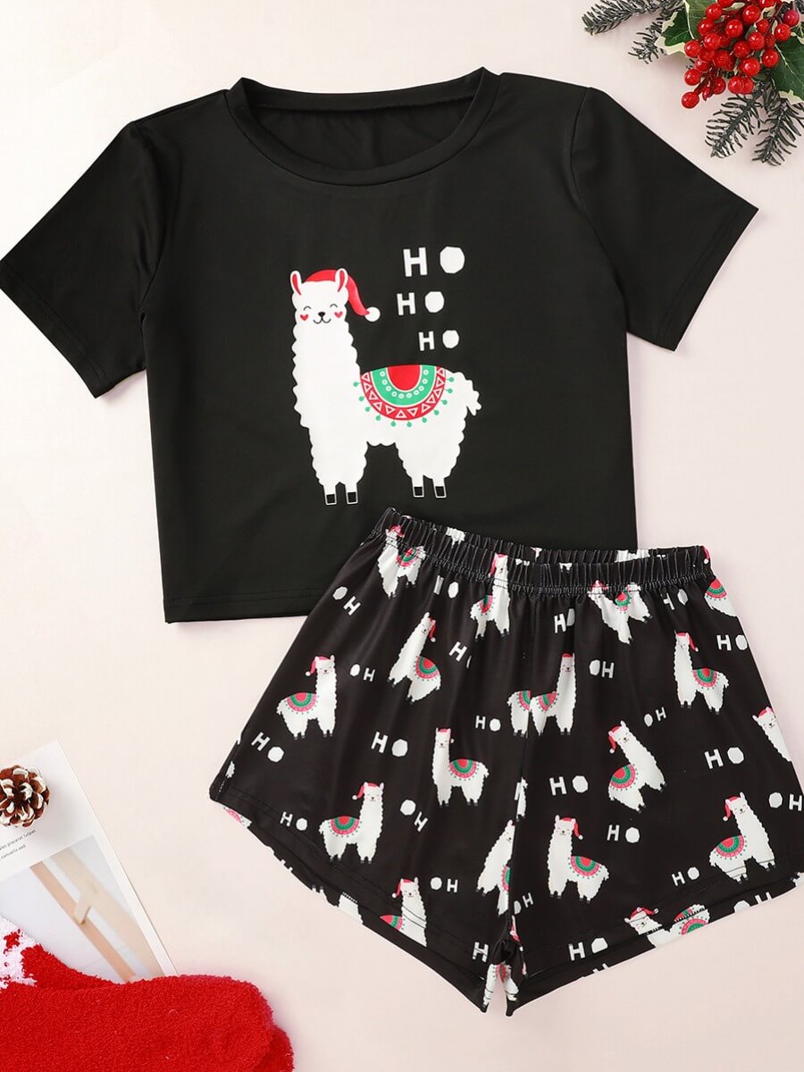 

Lovely Trendy Christmas Day Sheep Print Black Sleepwear