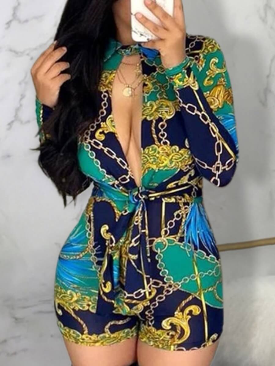 

Lovely Sweet Chain Print Hollow-out Lace-up Multicolor One-piece Romper, Multi