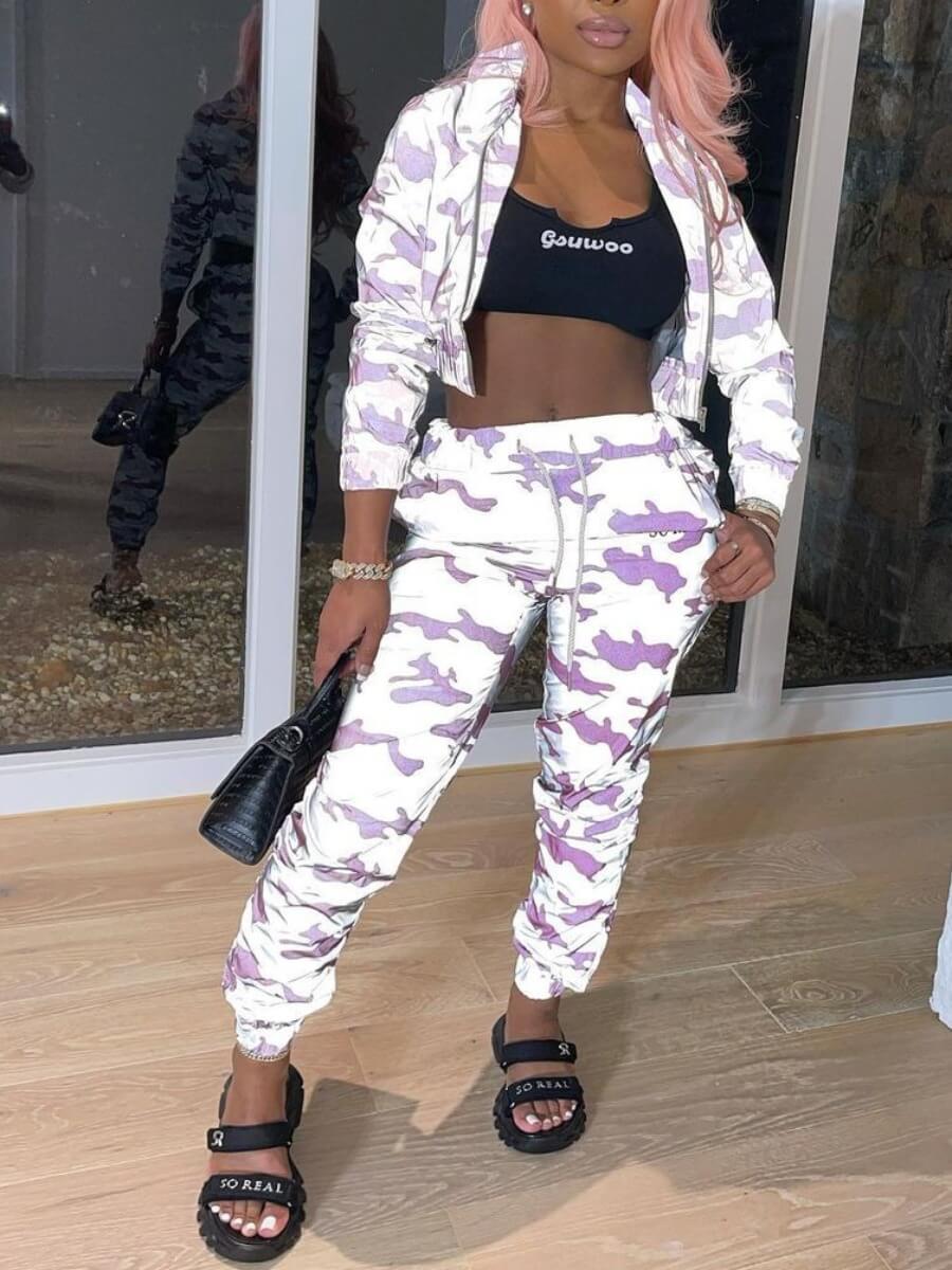 

Lovely Casual Print Drawstring Zipper Design White Two Piece Pants Set